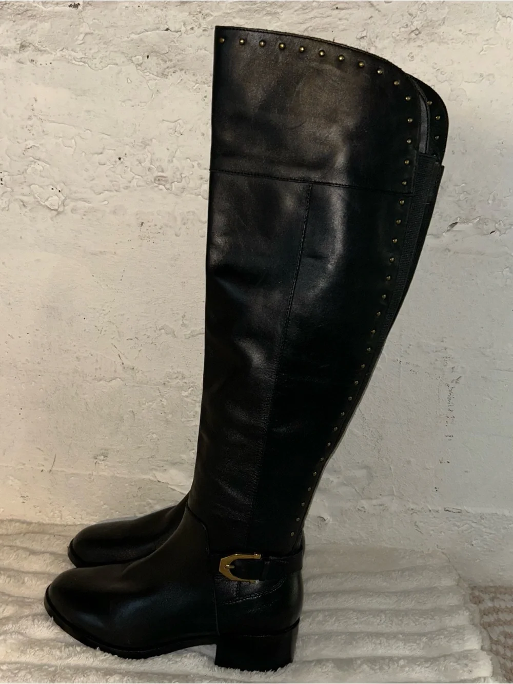 Black Studded Knee High Riding Boots Gold Buckle Equestrian Moto Biker 6.5M